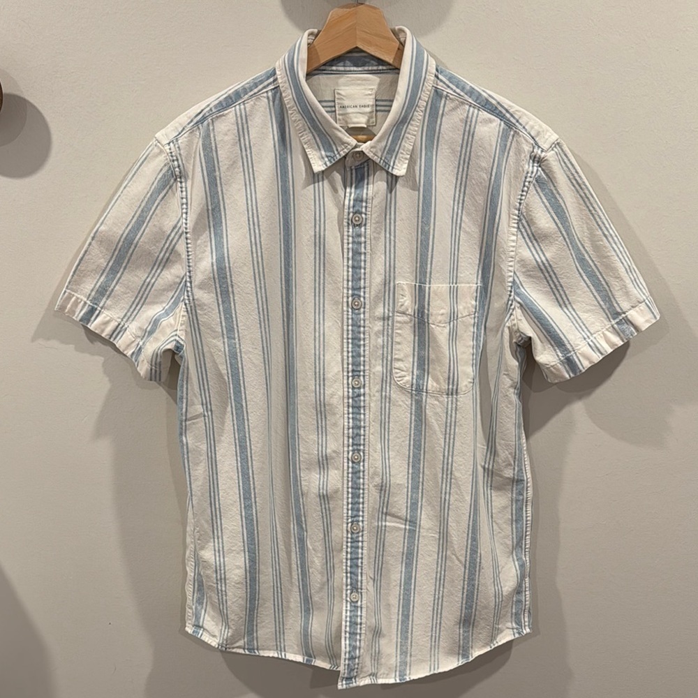 American Eagle Men's Button Down Shirt Blue White Striped Size L